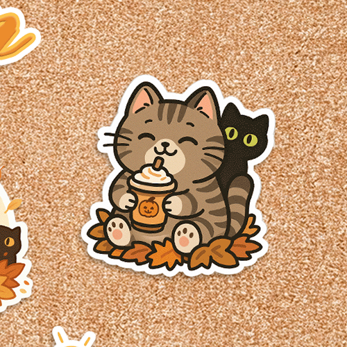 Selva Fall Collection 001 - Pumpkin Spicy Latte, Kiss-Cut Stickers, Adorable Fall Decor, Pet Lover Gift, Laptop Stickers, Seasonal Art for Cat Lovers
