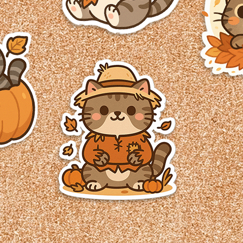 Selva Fall Collection 007 - Adorable Scarecrow | Cat Kiss-Cut Stickers, Cute Laptop Decals, Fall Decor, Harvest Season Gifts, Cat Lover Stickers, Autumn Vibes