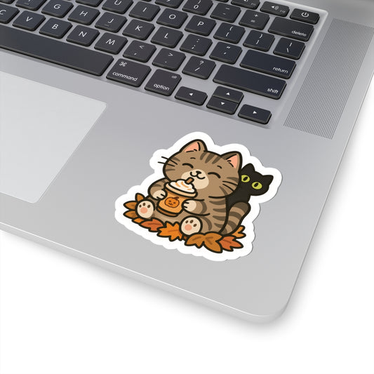 Selva Fall Collection 001 - Pumpkin Spicy Latte, Kiss-Cut Stickers, Adorable Fall Decor, Pet Lover Gift, Laptop Stickers, Seasonal Art for Cat Lovers